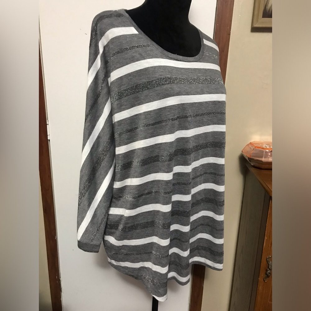Cato Gray and White Striped Scoop Neck Women's Top